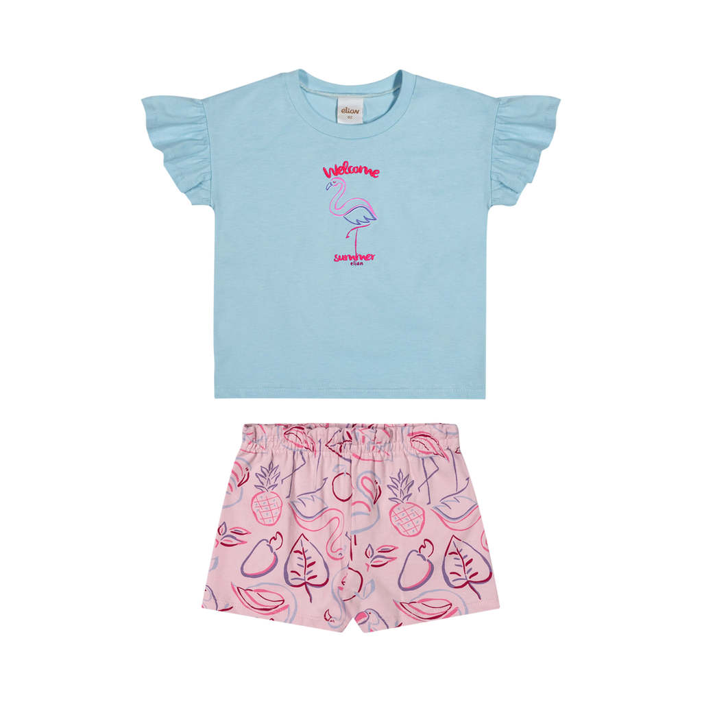 Conjunto Infantil Menina Flamingo Elian Azul em Oferta na Shopee