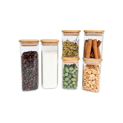 Potes de Mantimentos Quad 200/250/400ml C/Tampa Bambu - 6 Pç Oikos