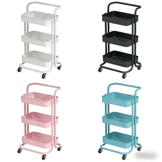 Carrinho de arrumação multifuncional com 3 prateleiras de plástico e pegas auxiliares em aço. em Oferta na Shopee