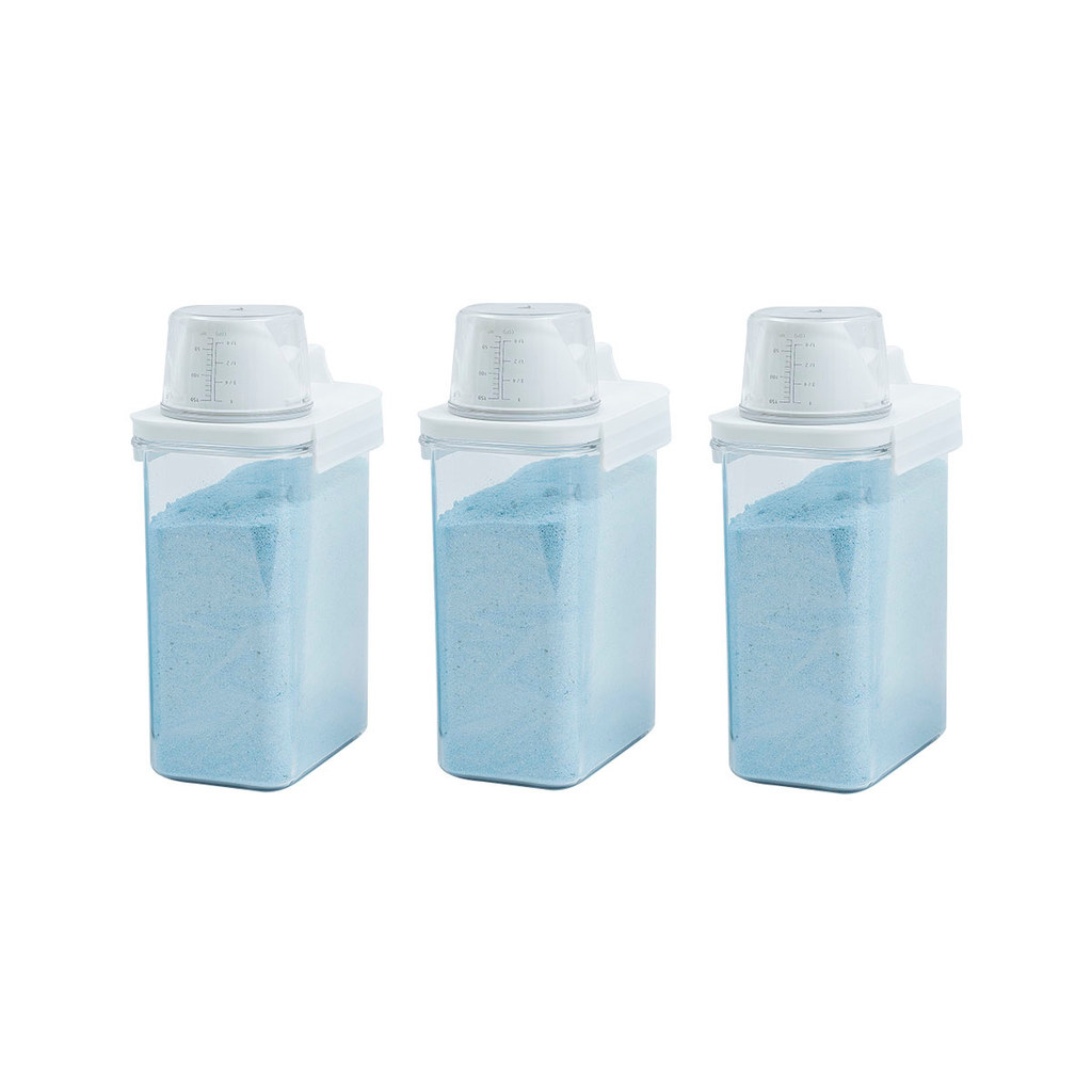 Kit de 3 porta sabão em pó 1,8L com copo dosador e travas de lavanderia - Oikos