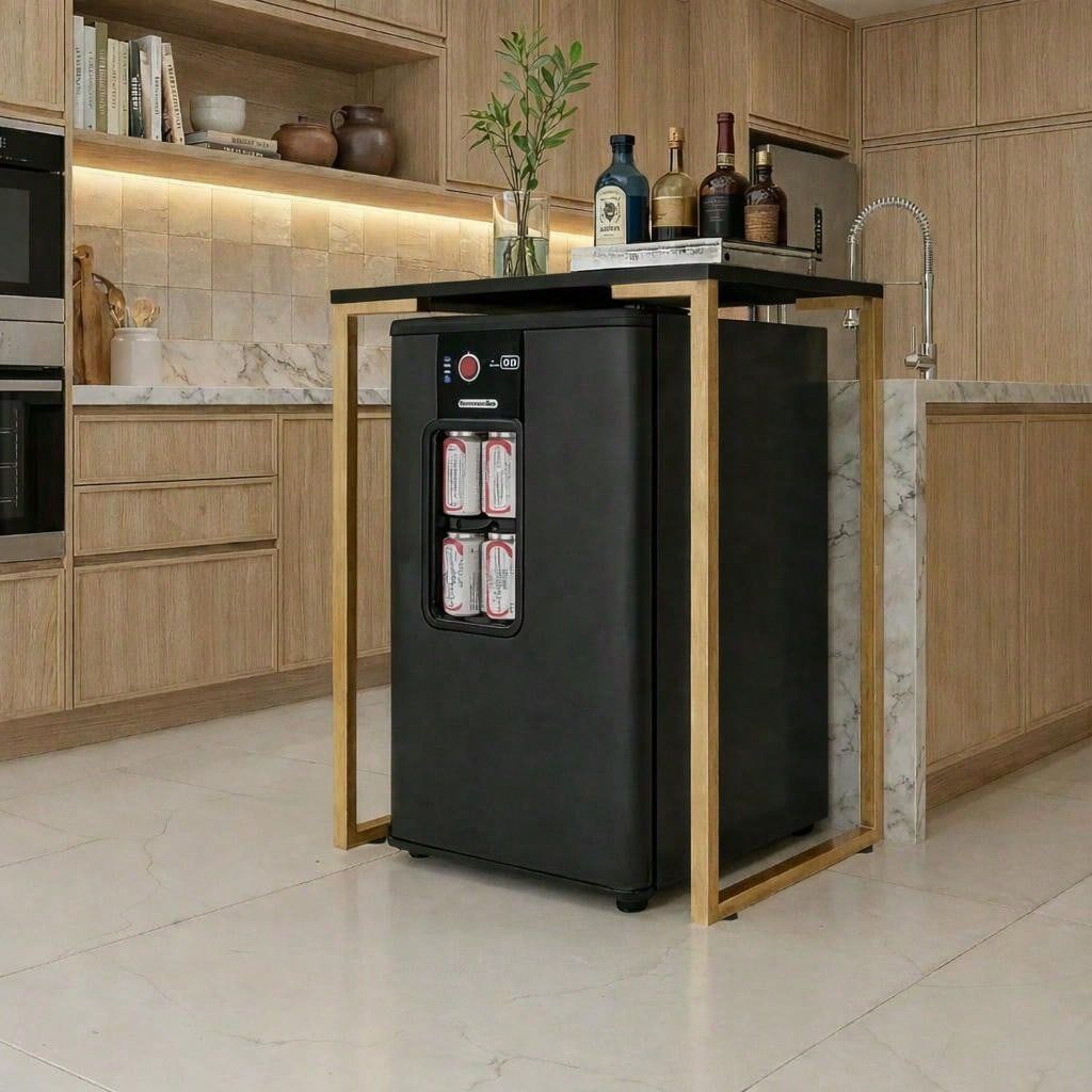 Mesa para Frigobar e Cervejeira Industrial Compacta Pés em Aço Dourado 68x45x90 cm