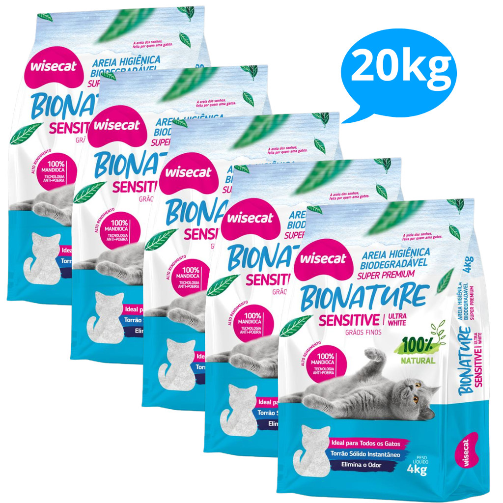 Kit 5 Areia Sanitária De Mandioca Grãos Finos Para Gatos Biodegradável Wisecat 20kg em Oferta na Shopee