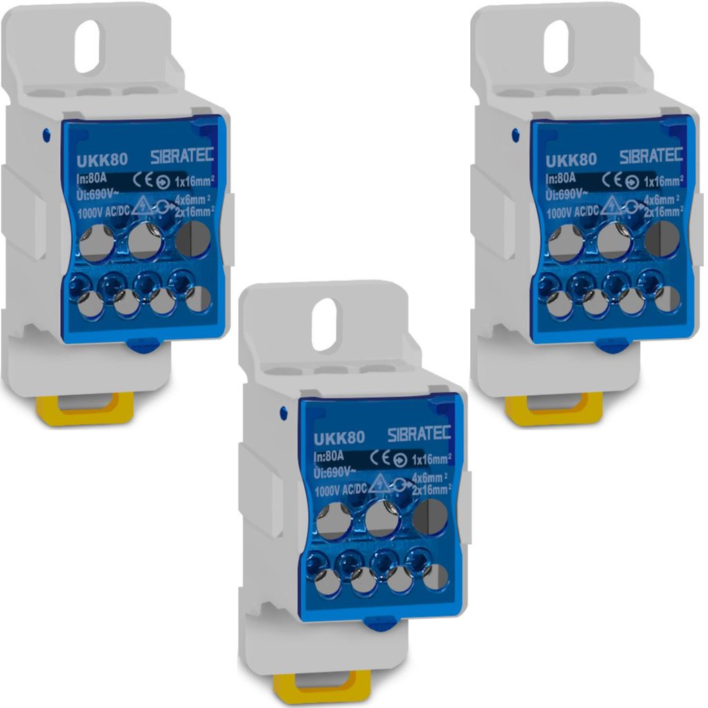 3 BLOCO DE DISTRIBUICAO 80A AZUL UKK-80 FIXACAO TRILHO DIN 1 ENTRADA CABO 16MM E 6 SAIDAS CABO 6mm