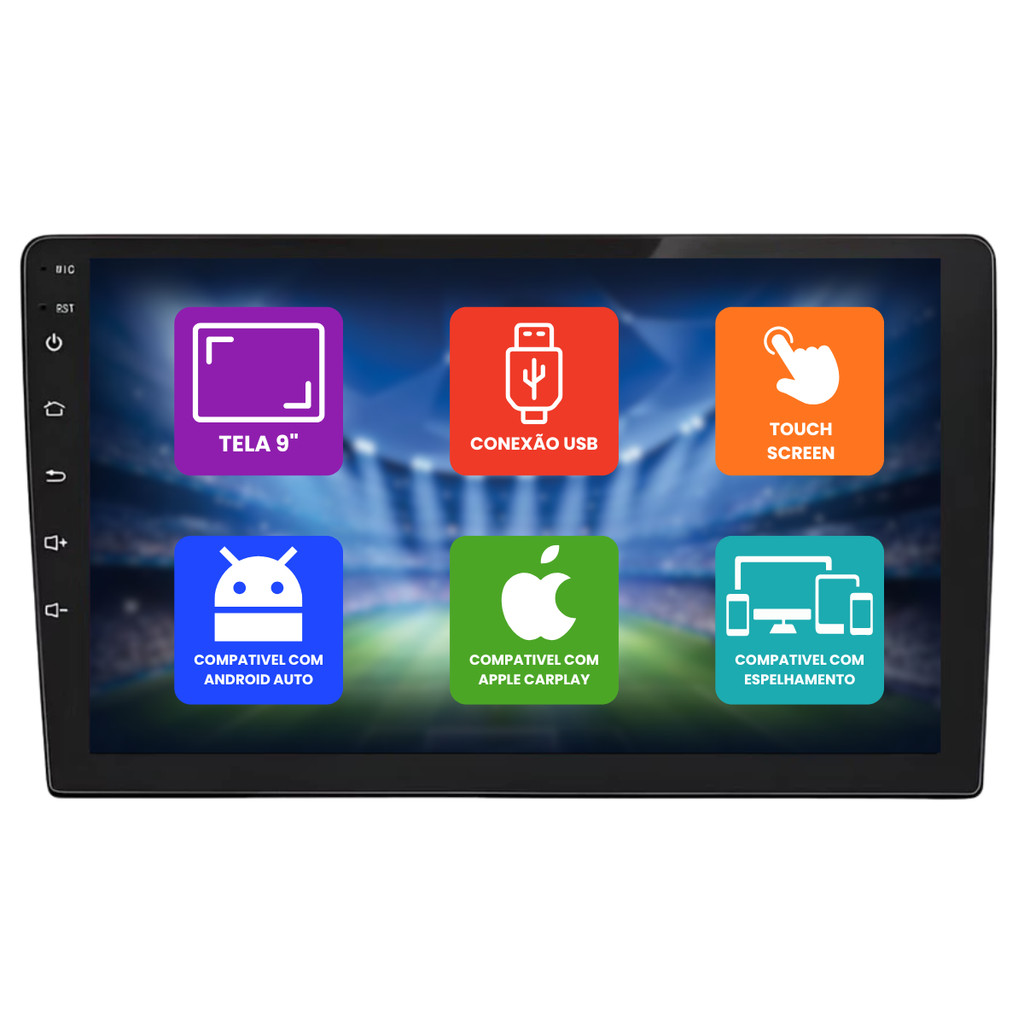 Central Multimídia 9 Pol Android Auto CarPlay H-Tech HT-9127CA 2 Din Bluethooth Usb Fm Ips