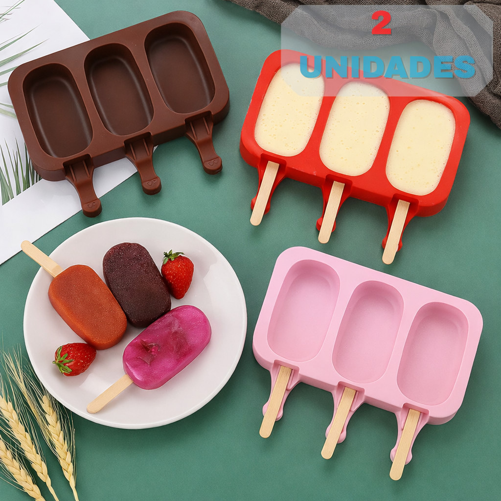 kit 2 Forma de Sorvete Molde de Picolé de Silicone Com Tampa + 100 Palitos em Oferta na Shopee