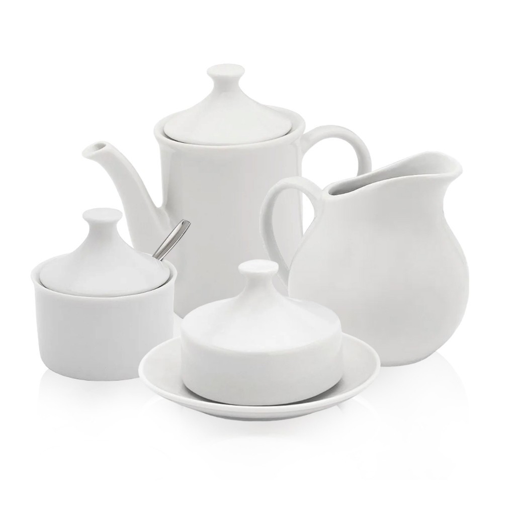 Conjunto Bule + Açucareiro + Leiteira + Manteigueira 4 PEÇAS Porcelana Cafe Chá Jarra Cerâmica