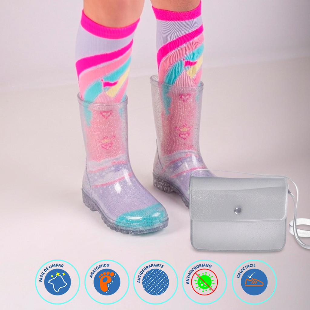 Kit Bota+ Meia + Bolsa Galocha Menina Feminina Infantil Impermeável Transparente Colorida Macia Leve