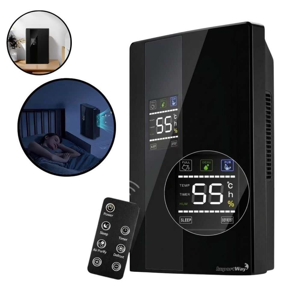 Desumidificador Antimofo Secar Ar Elétrico 2000ml Visor Lcd Controle de Umidade Preto Importway