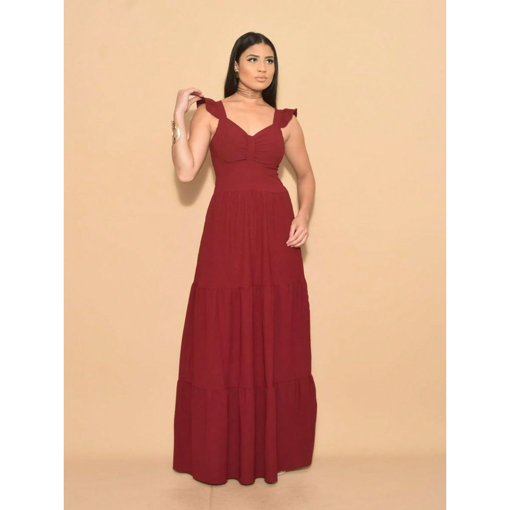 Vestido longo luxo franzido duna liso com babada na manga