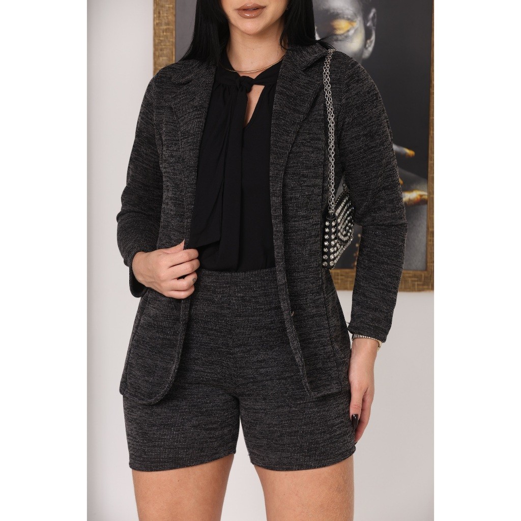 Conjunto Feminino Social Blazer e Short Cintura Alta 2 Peças Malha Ribana Elegante Outono
