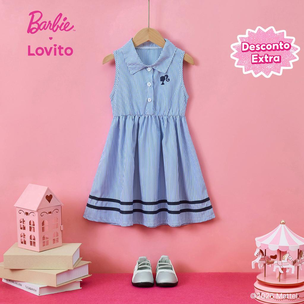 (New arrival) Barbie™ X Lovito Kids Vestido Fofo Botões Faixa Contraste Primavera/Verão Azul Menina DRBL3PAD054 em Oferta na Shopee