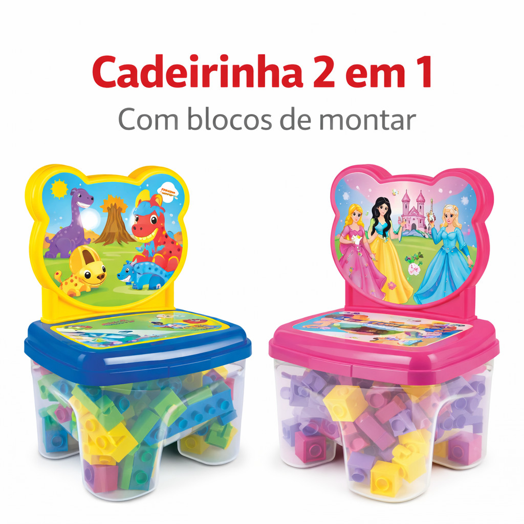 Cadeirinha Infantil Educativa Didática 2 em 1 com Blocos de Montar Brinquedo 24 48 ou 160 Peças