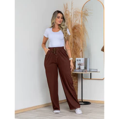 Calça Jeans Fake Feminina Pantalona Soltinha Cintura Alta com Cordão e Elástico Confortável M G GG 2332