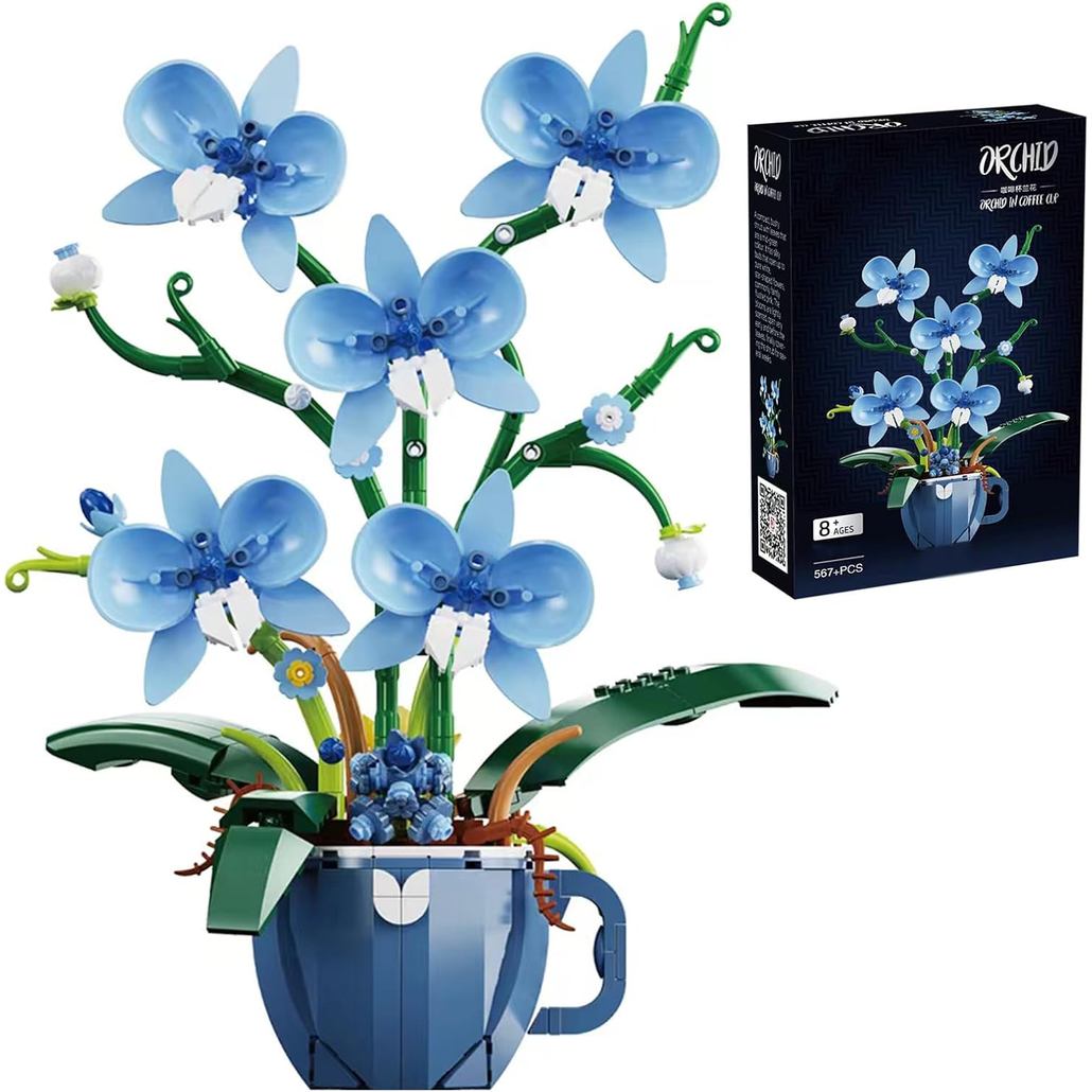 Conjunto de Montagem de Flor de Orquídea Azul para Adultos, Kit de Montagem de Planta Botânica Orquídea em Xícara de Caf