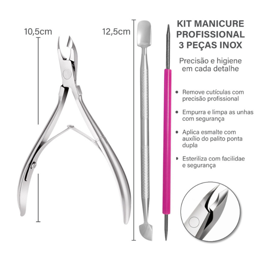 Kit Alicate Inox + Espátula + Palito inox Cutelaria 3 peças Rosa