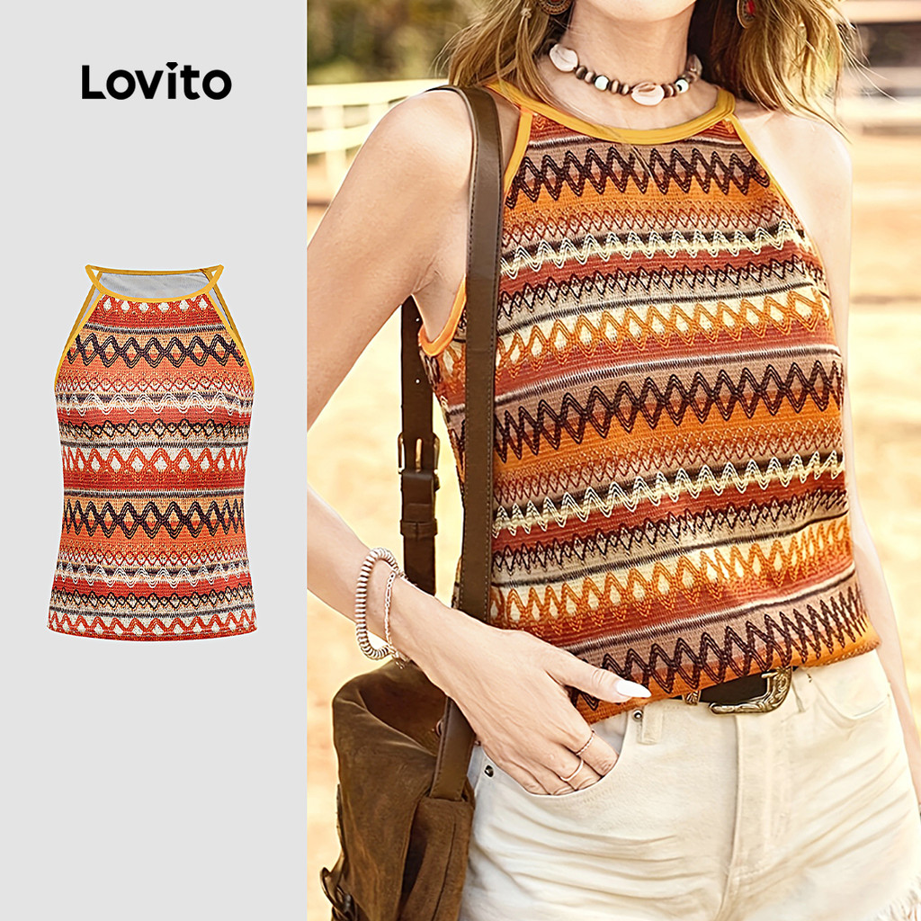 Lovito Boho Top Contraste com Acabamento Estilo Nacional Top Primavera/verão para Mulheres. L171ED300