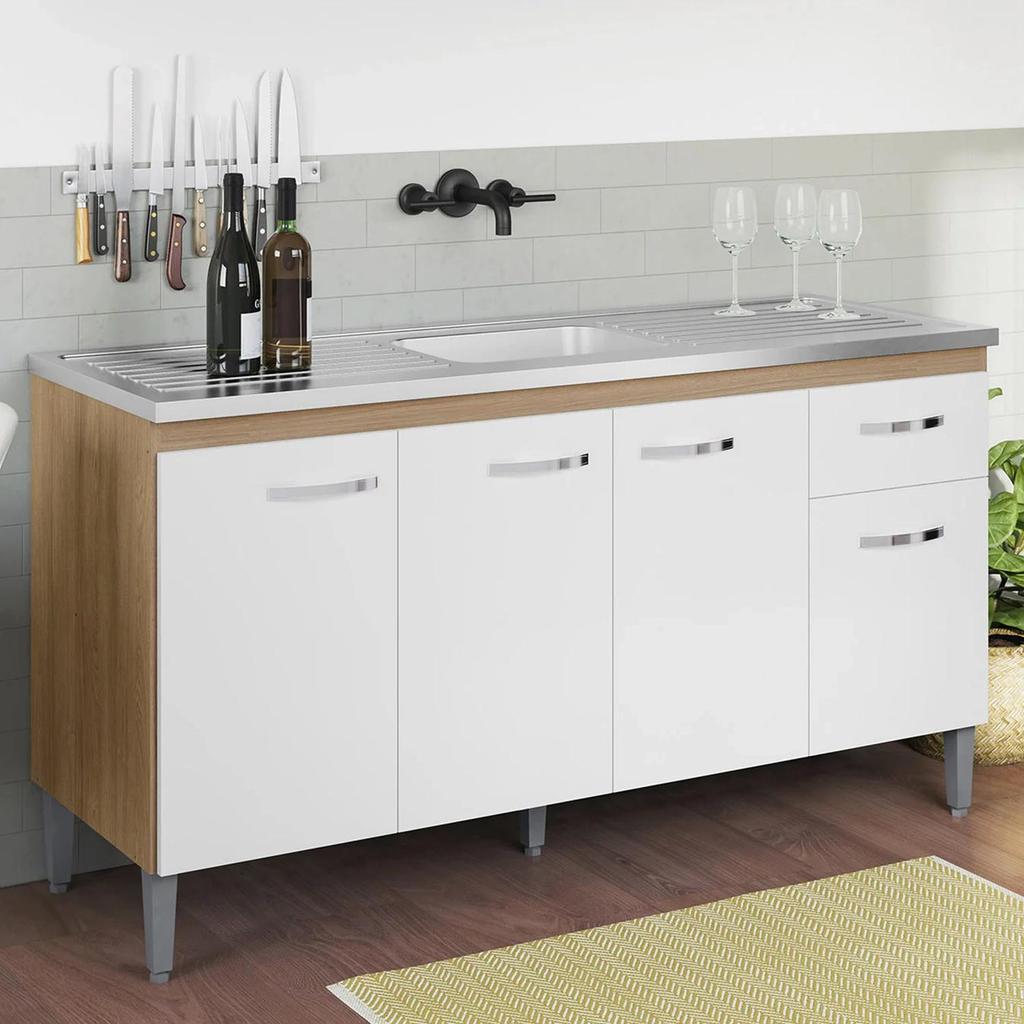 Balcão de Cozinha com Pia Inox 150cm Gabriela Amêndoa/Branco - AJL Móveis