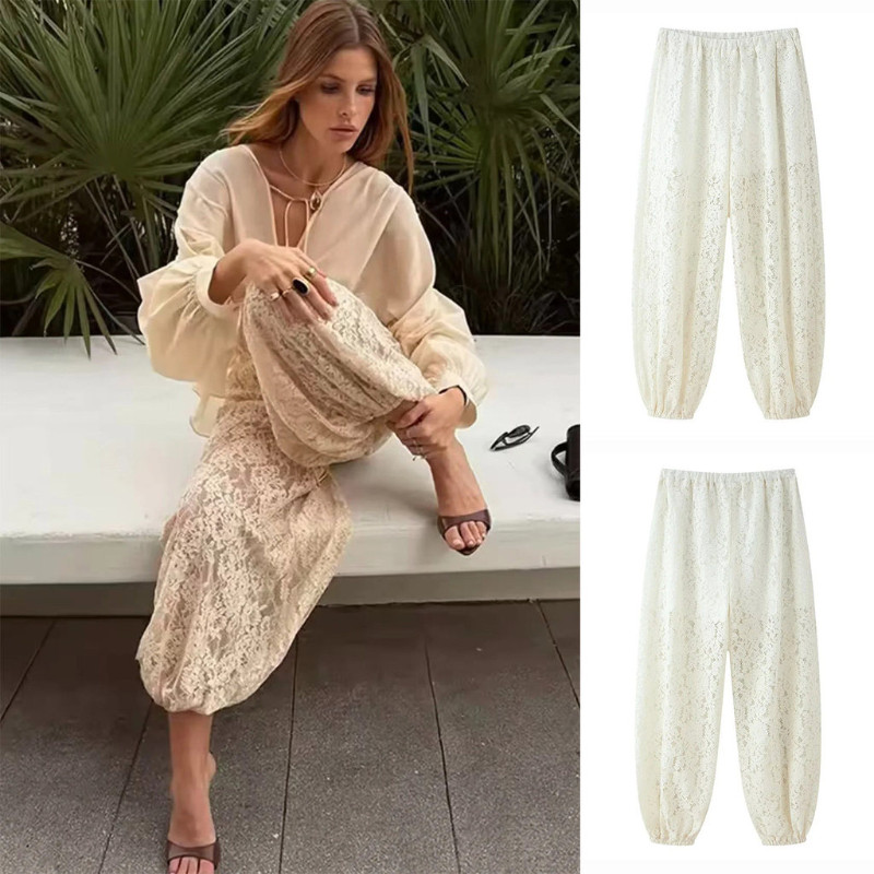  Calça Casual com Forro Solto Renda Cintura Elástica