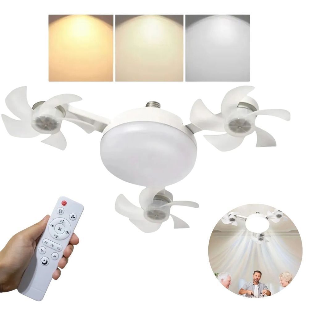 Ventilador Teto Triplo 3 Cores De Luz Com Lâmpada Led Bivolt Luminária Drone 3 Hélices 3 Temperaturas Silencioso