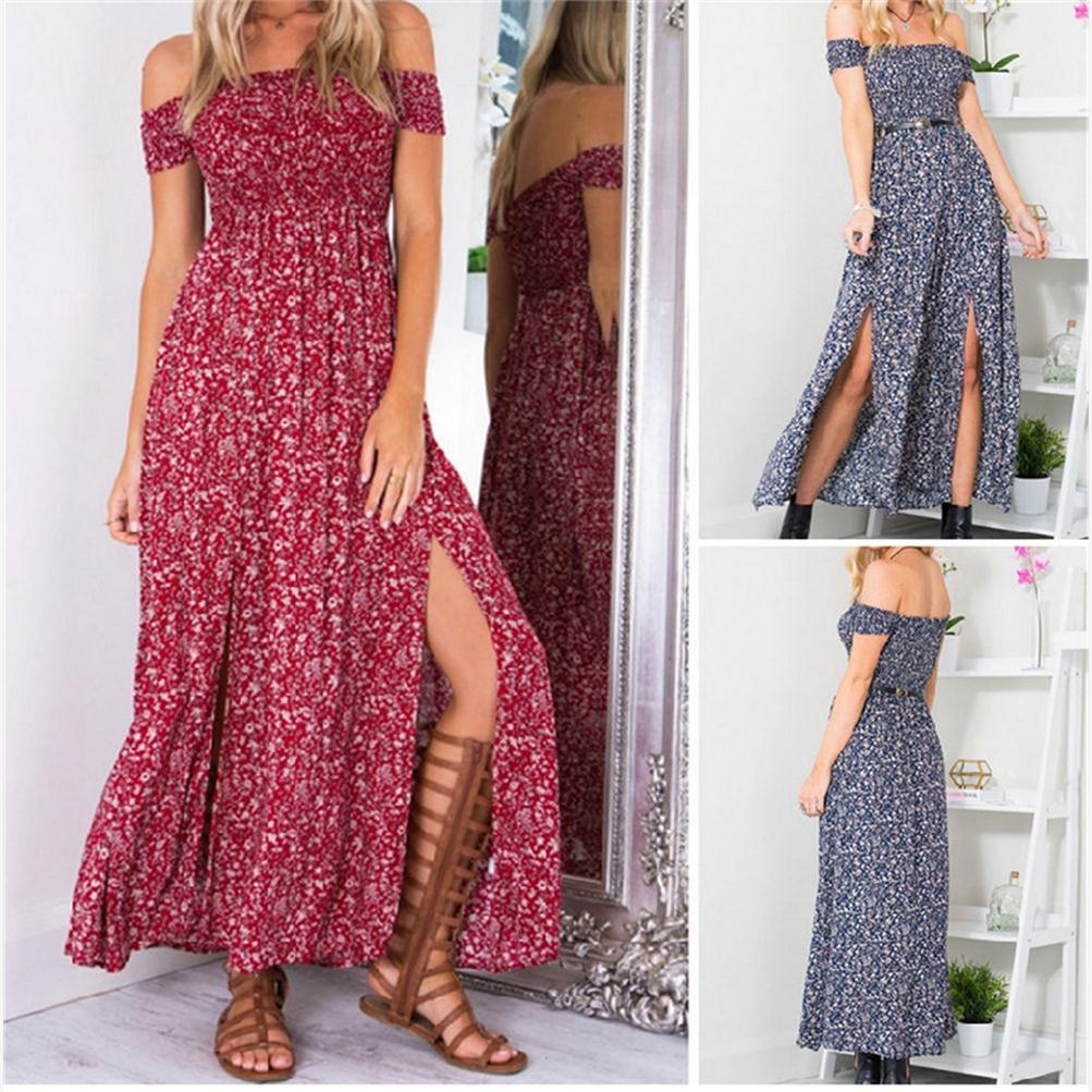 2017 novos produtos AliExpress venda quente uma palavra pescoço sem alças pequeno Floral Split vestido moda férias vesti