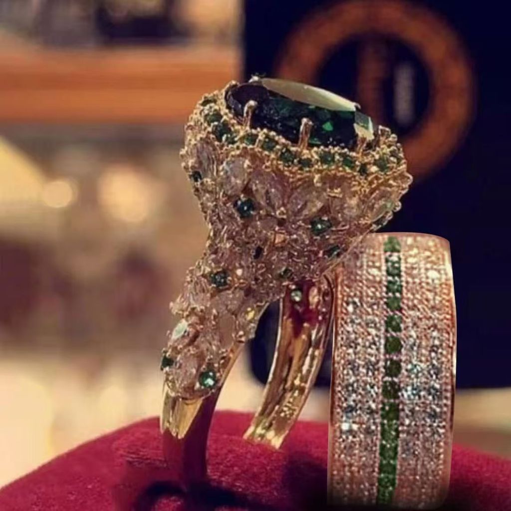 Conjunto de 2 peças de anel clássico de luxo em ouro 18K com esmeralda verde natural e diamante, nobre, para noivado, ca