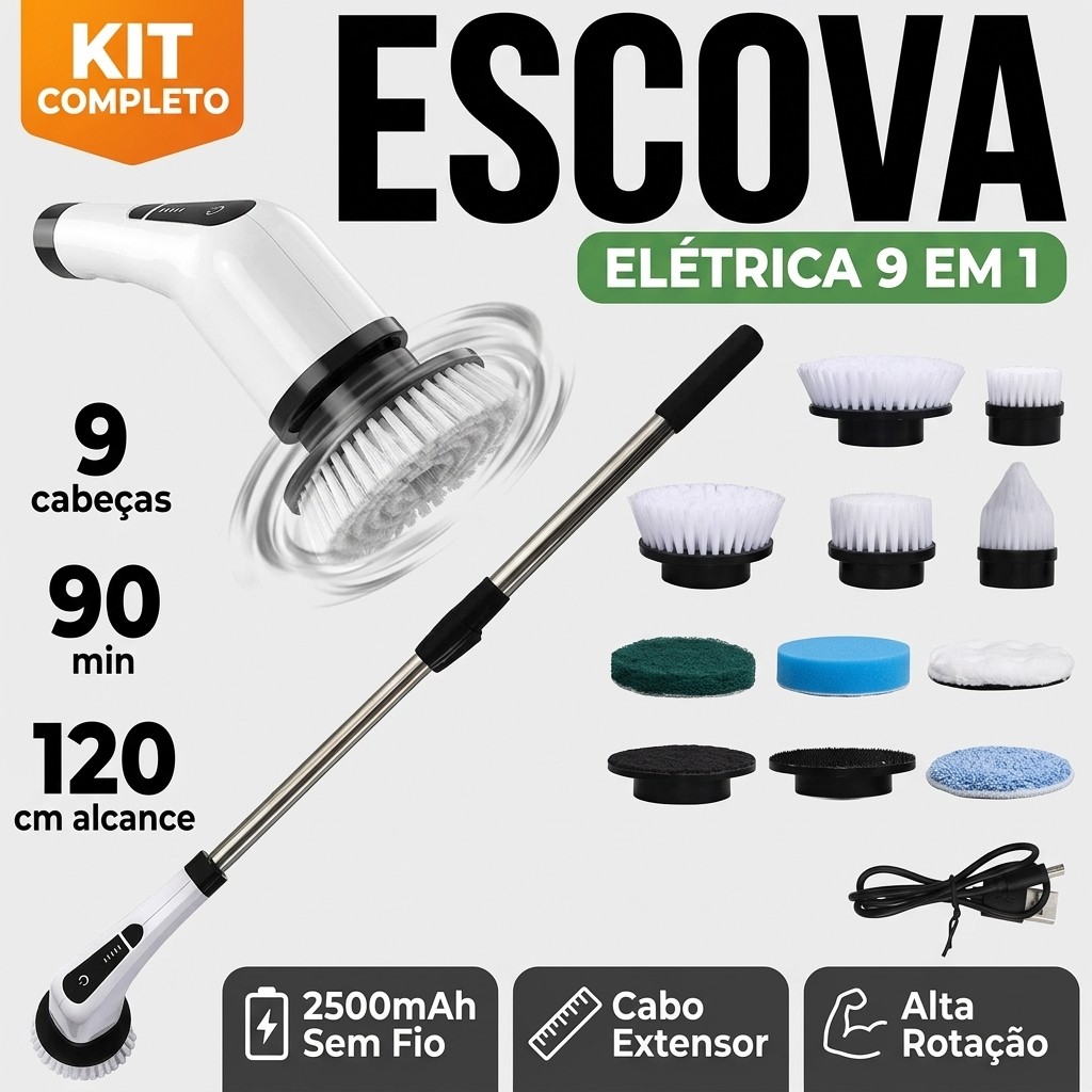 Escova de Limpeza Elétrica 9 em 1 Sem Fio - Limpa Box, Piso e Teto (Cabo Extensor)
