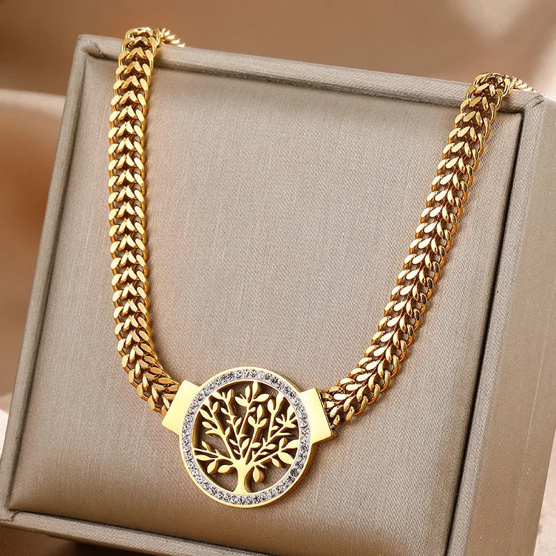 Colar Feminino Hip-Hop com Corrente Grossa de Aço Inoxidável 316L e Pingente Árvore da Vida com Zircônia Micro-Incrustad