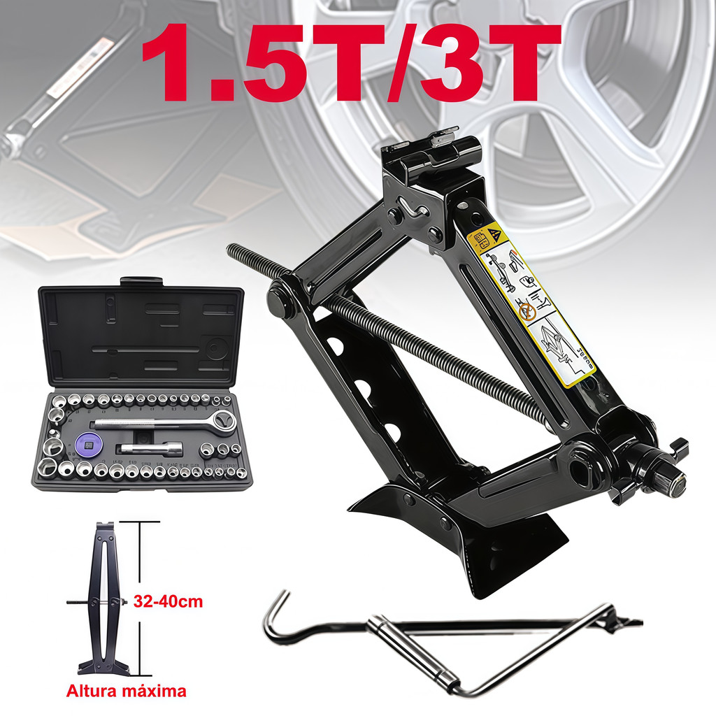 KIT Macaco Sanfona de Carro Suporta 1.5-3 Toneladas 3000 kgs Jacaré Universal Original para Troca de Pneu