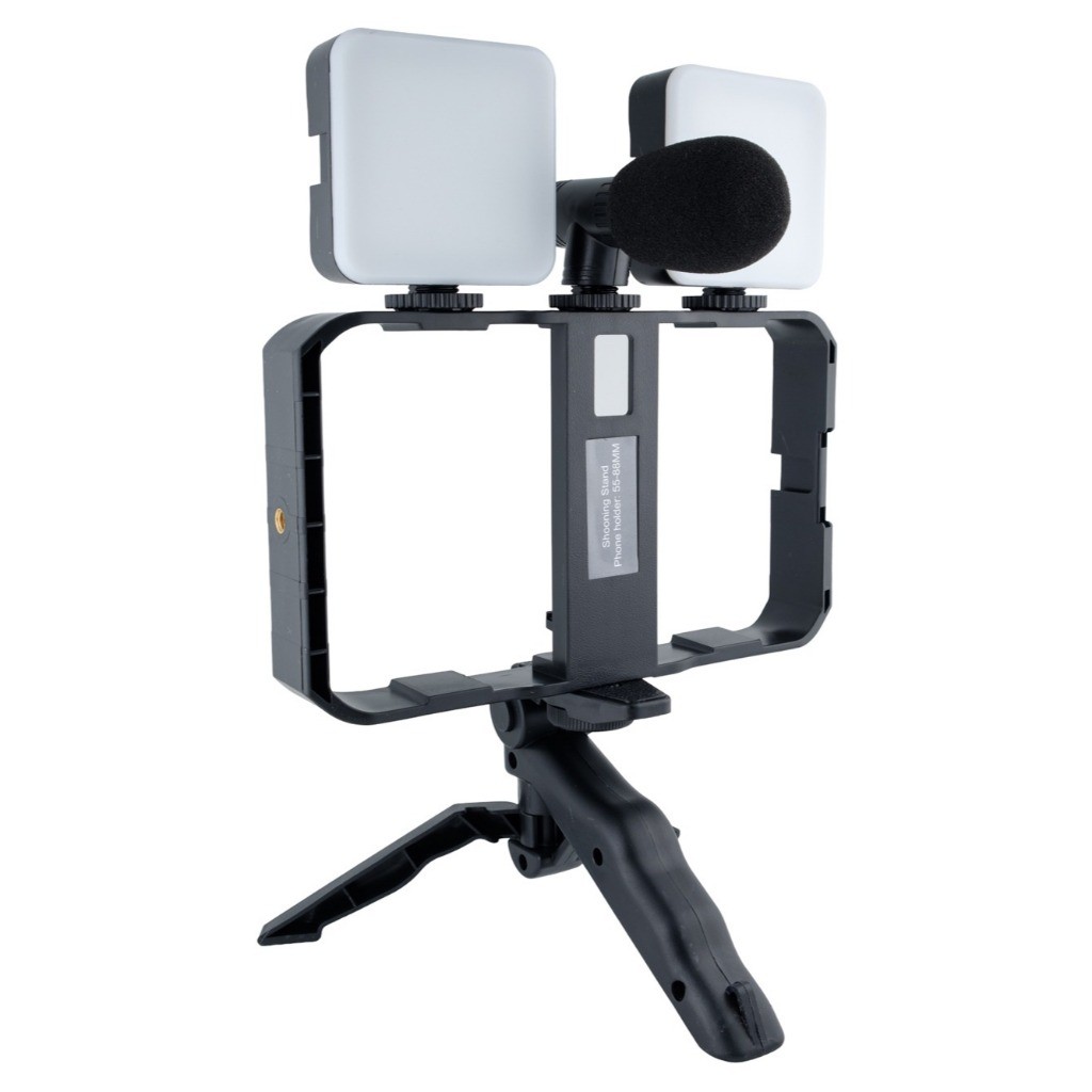 Kit de Iluminação Fotográfica Tripé + 2 Luz de Led + Microfone Video Making Profissional