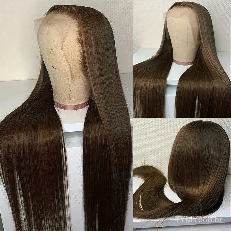 Detalhes do 《Peruca de Cabelo Humano Real Europeu e Americano Frente Lace Cor Chocolate Cabelo Longo Liso Completo para Mulheres