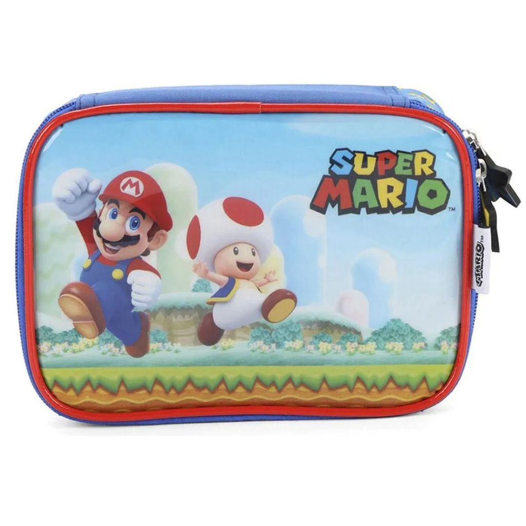 Estojo Box 100 Pens Super Mario Toad Escolar Azul Luxcel