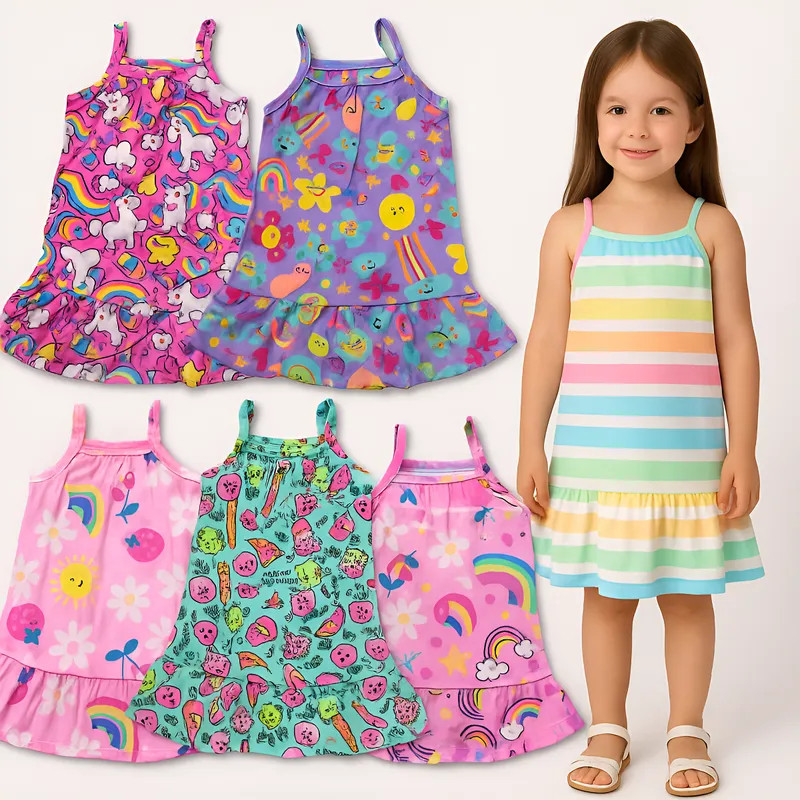 Vestido Infantil Alcinha Estampado Verão Feminino/Menina Regata Verão Algodão - Escolha seu Kit 2,3 ou 4 Peças