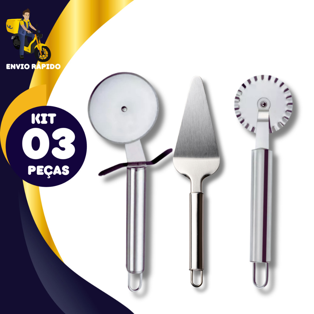 Kit 3 Peças Cortador de Pizza Cortador de Massa Pasteis e ESpatula Para Bolos Tortas  Para Casas Pizzarias Restaurantes
