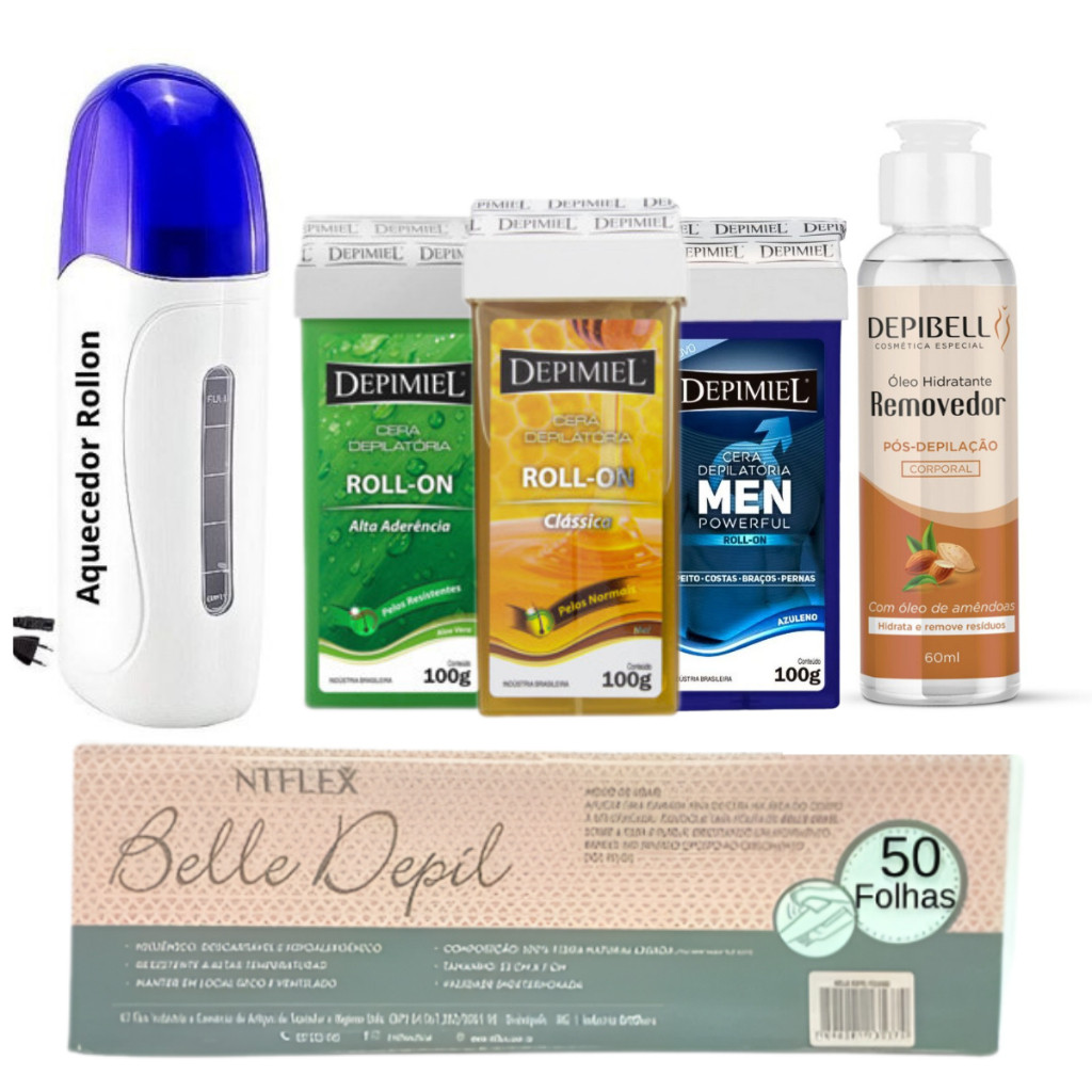 Depelição Completo | 3 ceras Quentes + Aquecedor Rollo-on + Óleo removedor + 25 lenços em Oferta na Shopee
