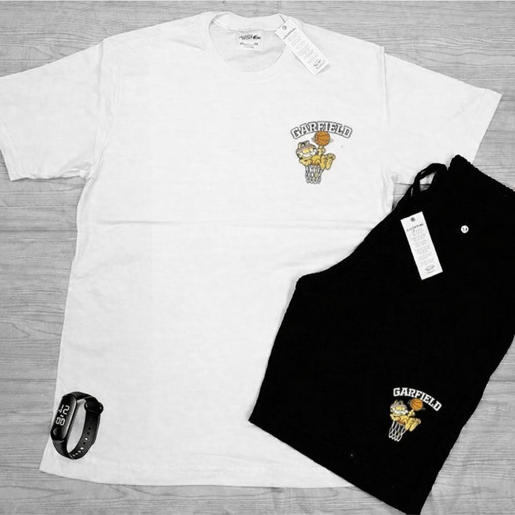 Kit Camiseta Estampada Garfield P ao G3 Plus Size 100% Algodão + Bermuda + Relógio Digital Envio Já