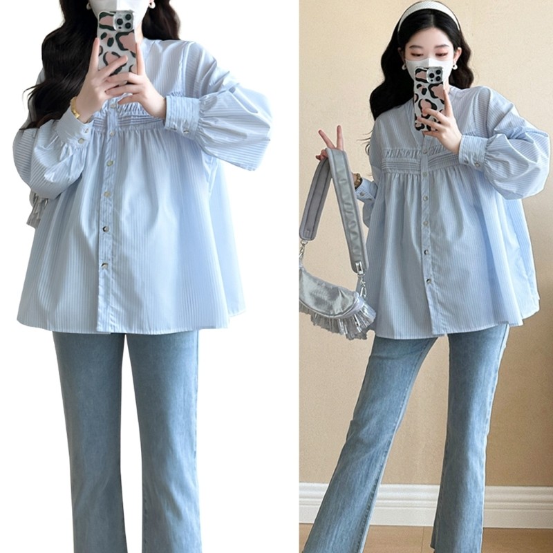 hi Loose Fit Camisa De Maternidade Com Decote Em V E Blusa Listrada Botões