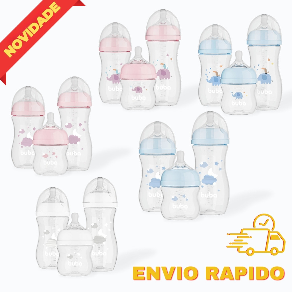 Kit 3 Mamadeiras Bebê Buba Anticólica Silicone +0m Bico Pétala BPA Free 120ml, 270ml e 330ml em Oferta na Shopee