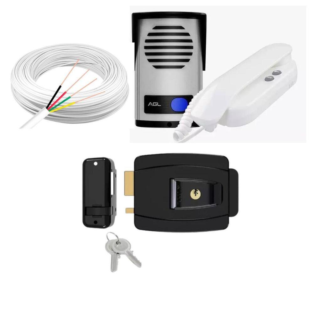 Kit Porteiro Interfone P10S + Cabo 100m + Fechadura AL100R Cilindro Ajustavel AGL