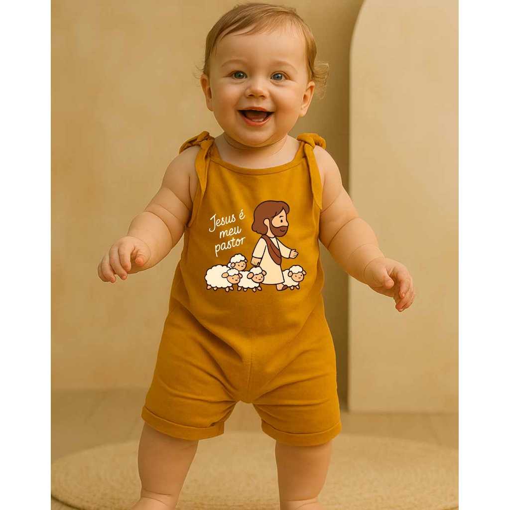 Macacão Jardineira Bebê Jesus é Meu Pastor Roupa de Bebê Cristã Algodão