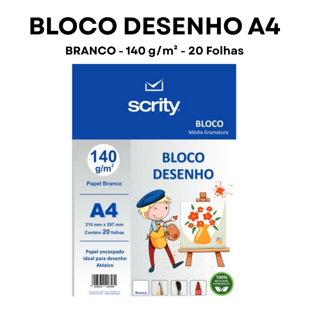 Bloco para Educação Artística Desenho A4 Branco 140 g 20 fls. - Scrity em Oferta na Shopee