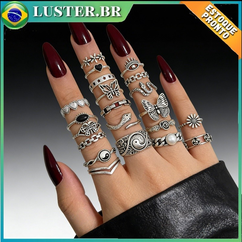 21 peças anel de cobra geométrico retrô imitação de pérola conjunto de anel para mulheres em Oferta na Shopee