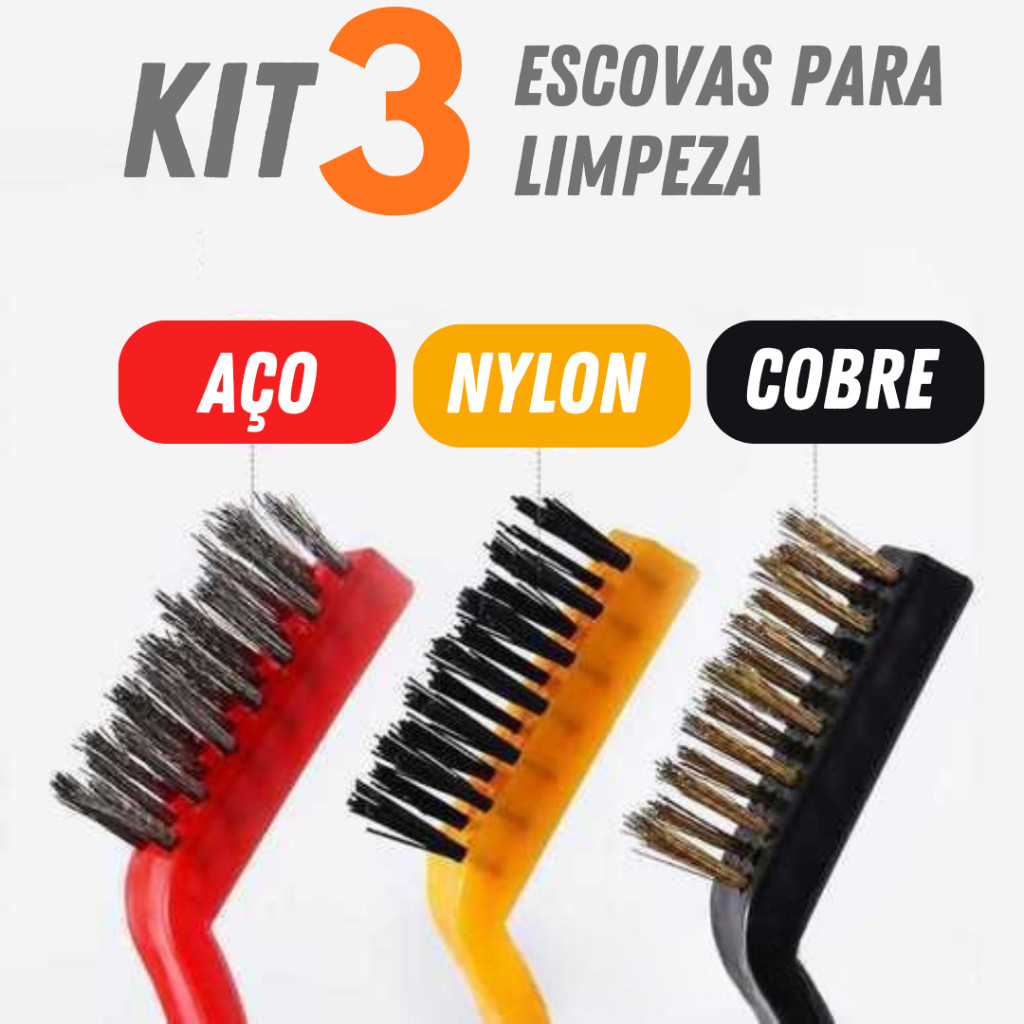Kit 6/3/1 Escovas de Aço Multiuso Aço Latão Nylon Cabo Plástico Limpeza Forno Grelha Fogão Churrasqueira