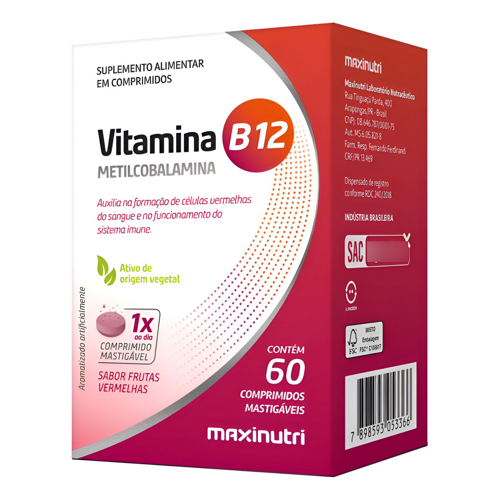 Vitamina B12 Metilcobalamina Maxinutri - 60 Comprimidos Mastigáveis