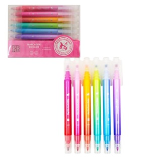 Marca - Texto Marcador Bicolor Rebecca Bonbon Escolar C/ Ponta Dupla Pra Pintar e Grifar Macio 6 Cores Juvenil Skypaper em Oferta na Shopee