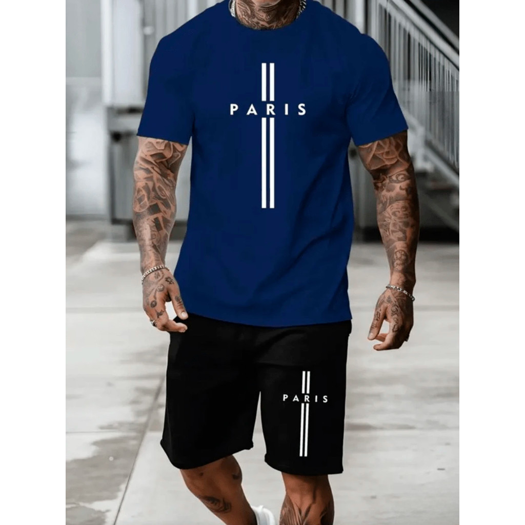 Kit Camiseta Masculina 100% Algodão + Bermuda Tactel Lançamento Estampada PARIS II  Confortavel Diversas cores Unissex