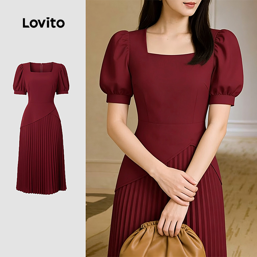 Lovito Vestido Elegante Plissado Primavera/verão Vinho Tinto para Mulheres LK2ED204 em Oferta na Shopee