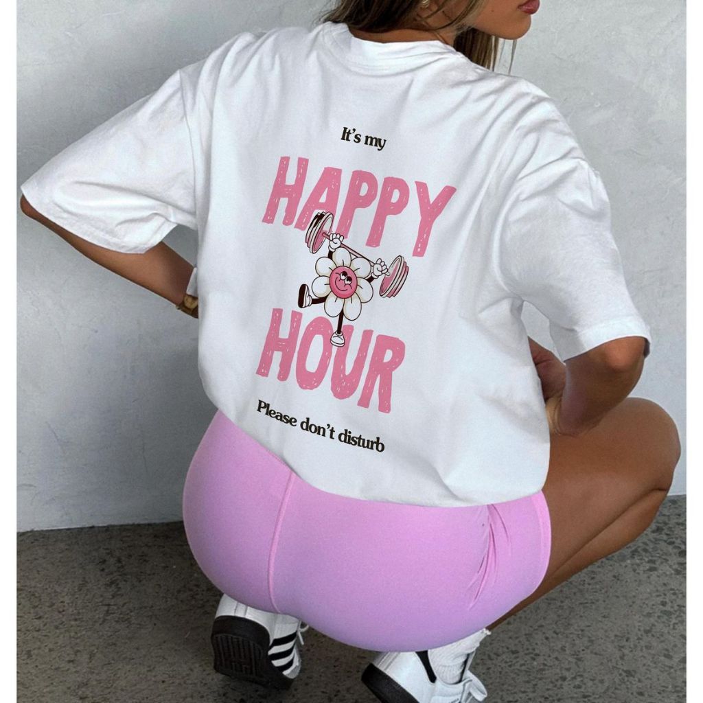 Camiseta Oversized Feminina Gym “Happy Hour” Estampa Rosa Academia Dia a Dia Casual