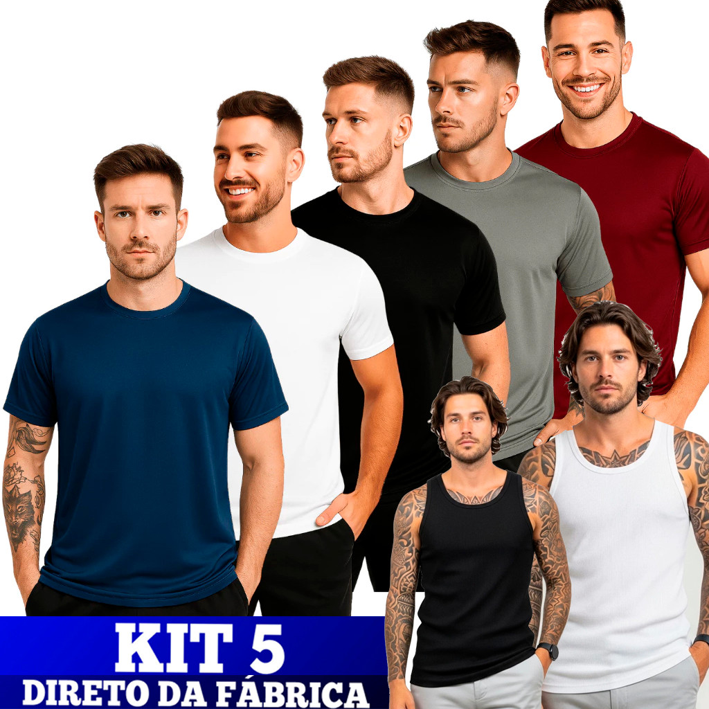5 Camisetas Sortidas Regata Poliéster DryFit Masculina Academia