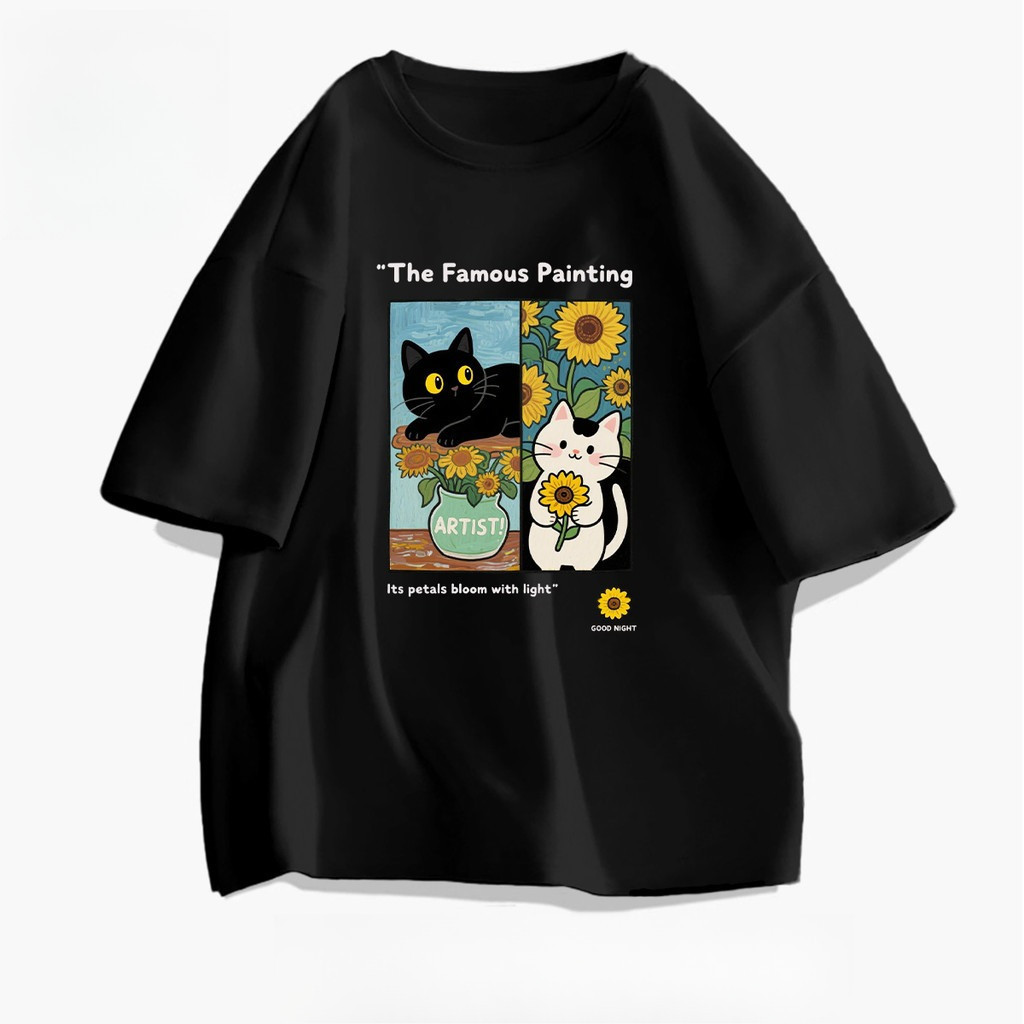 [Camiseta Premium Algodão Puro]LA Tshirt | Oil painting style cat pattern  | Unisex Loose Round Neck Tops