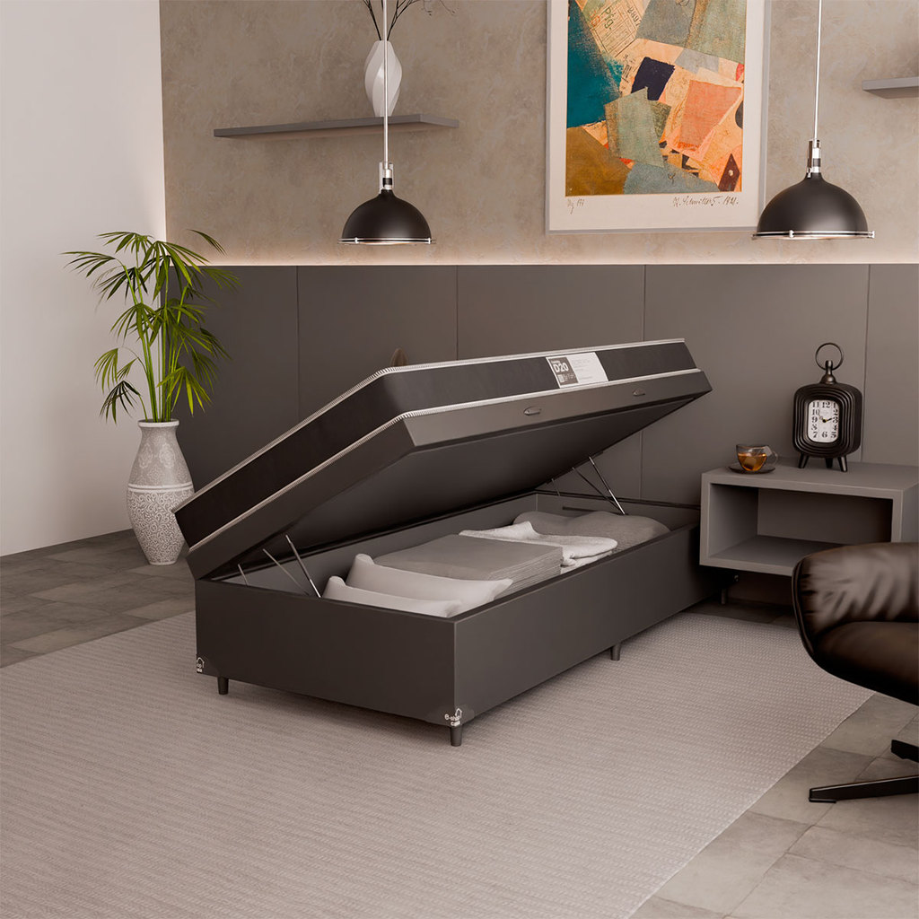 Cama Box Baú Solteiro + Colchão Espuma D20 - Couro Preto
